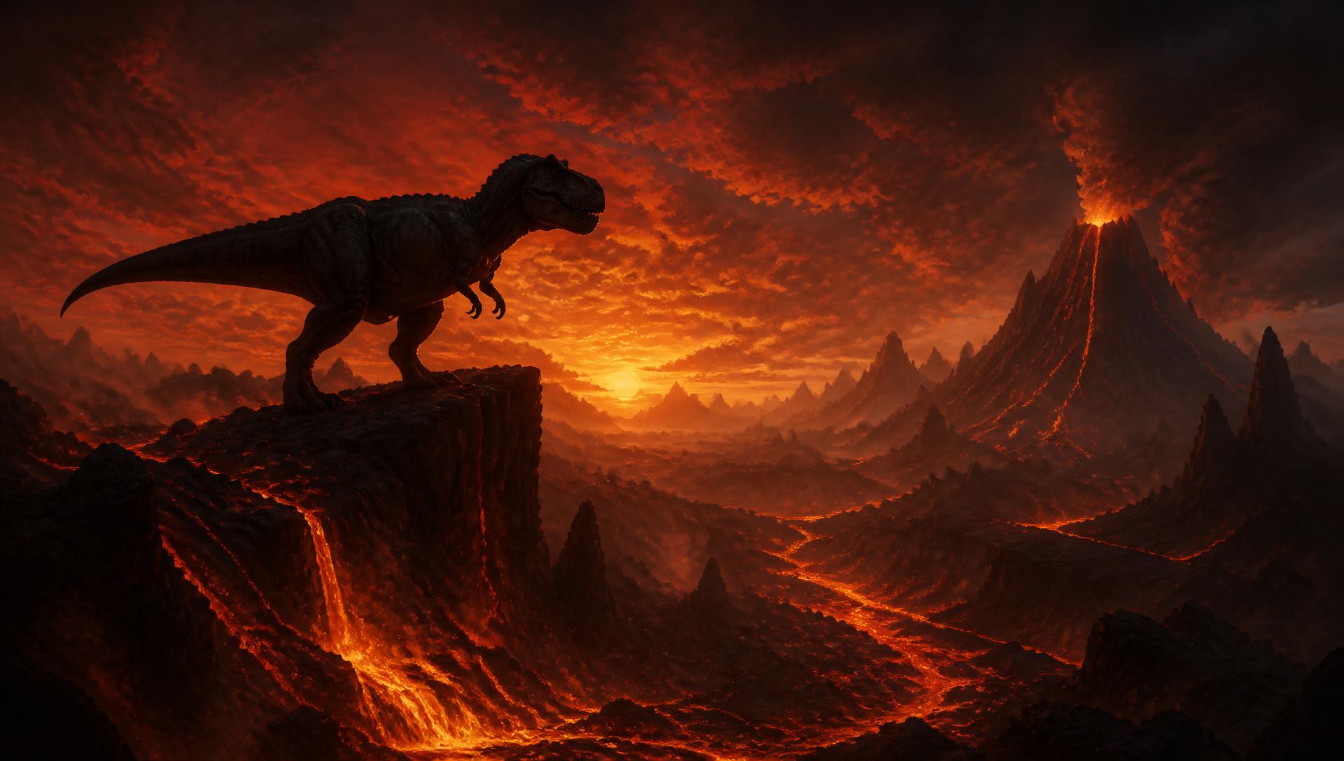 T-Rex auf einer vulkanischen Klippe bei Sonnenuntergang
